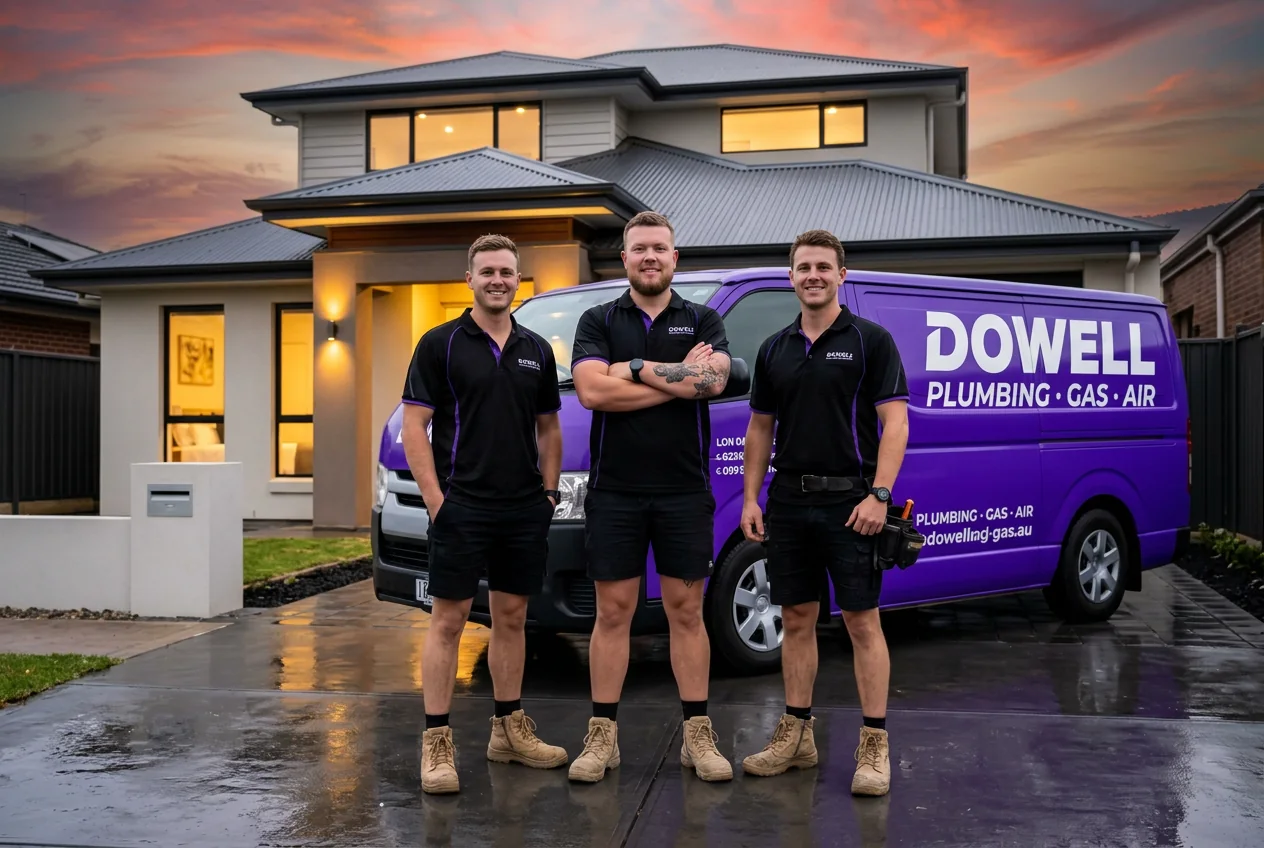 The Dowell Plumbing Gas Air team with their purple HiAce van in Adelaide